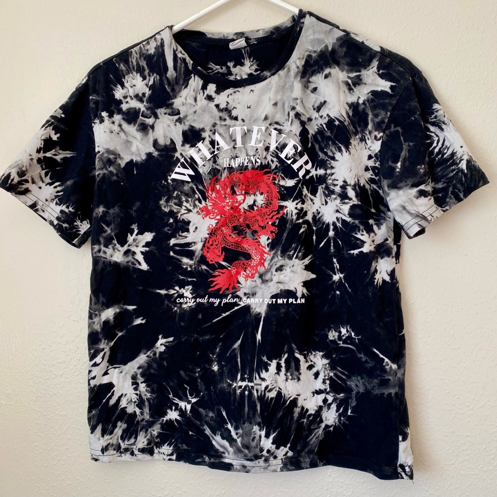 SHEIN Black and White Tie-Dye T-Shirt with Red Dragon